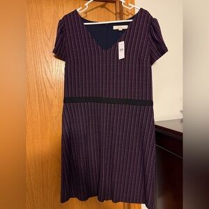 LOFT Navy and Pink Patterned Midi Dress